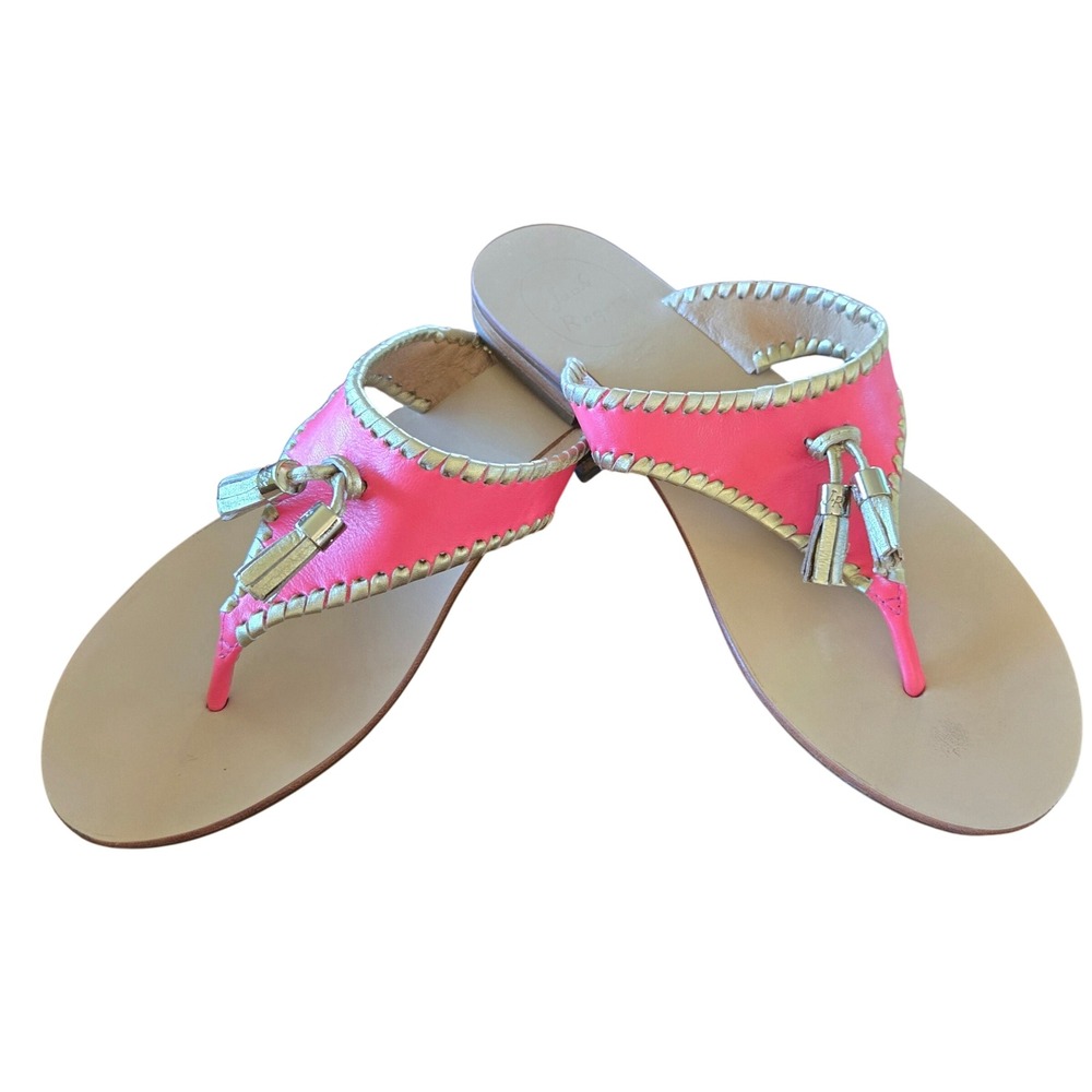 Jack Rogers Preppy Chic Georgica Pink Gold Whipstitch Tassel Sandals Womens 8